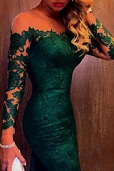 Lace Mermaid Dark Green Long Sleeve Off-shoulder Long Prom Dress